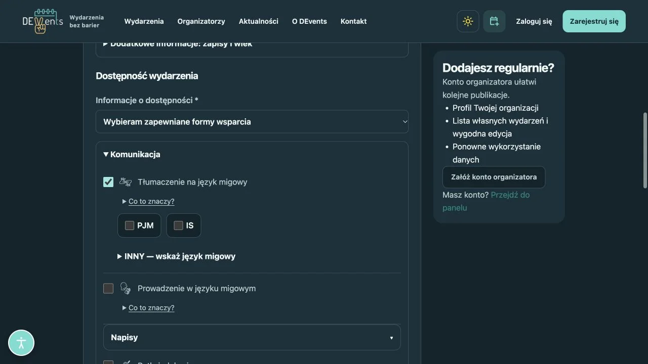Sekcja dostępności w formularzu z rozróżnieniem tłumaczenia i prowadzenia oraz wyborem PJM, IS i innego języka.