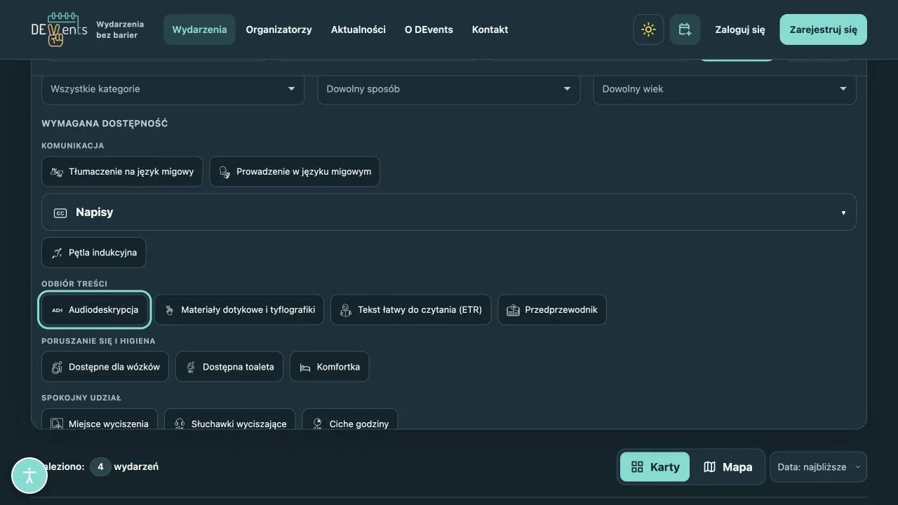 Filtry podzielone na komunikację, odbiór treści, poruszanie się i spokojny udział.