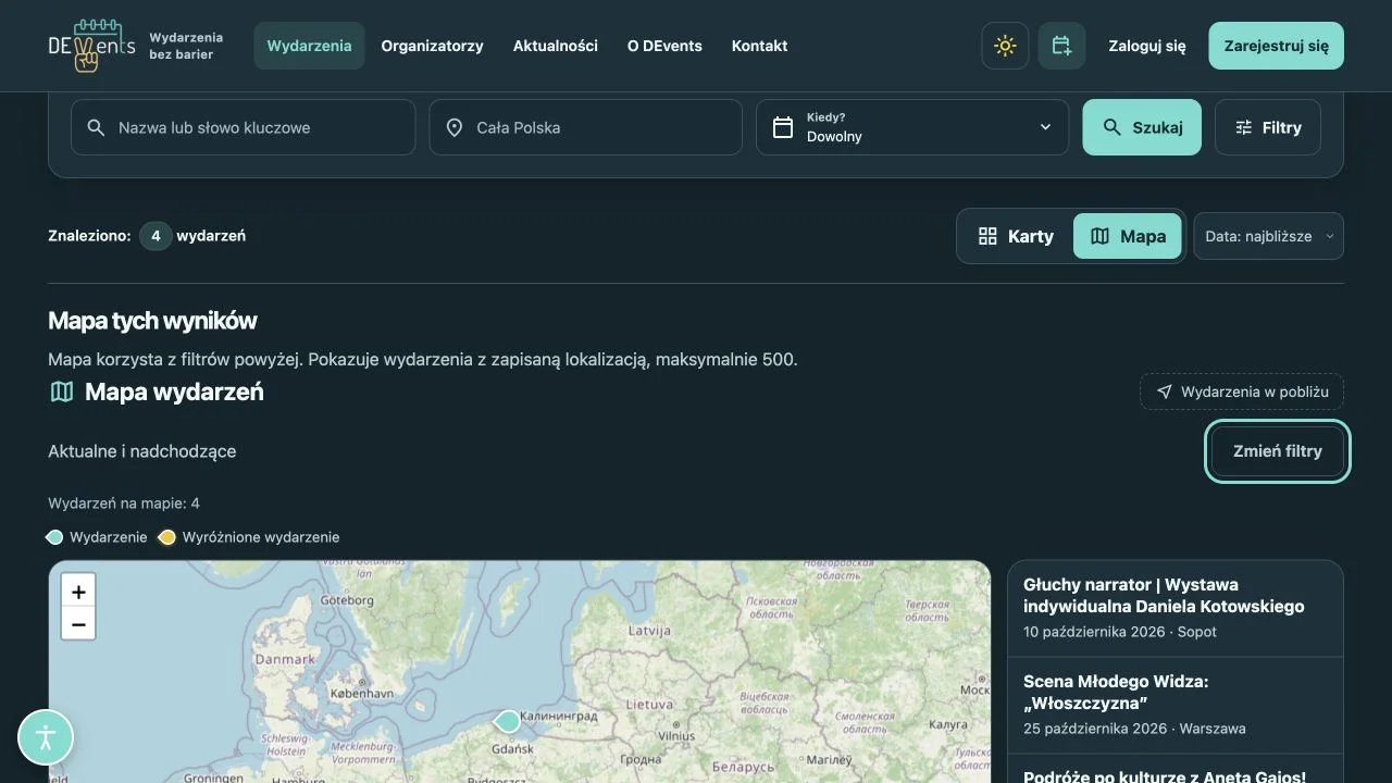 Widok Mapa, aktywny przełącznik, mapa Polski i lista wydarzeń.