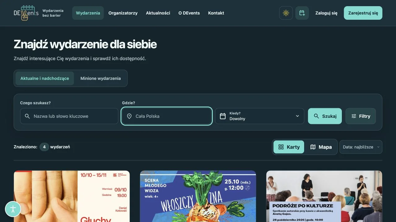 Wyszukiwarka wydarzeń: nazwa, miasto, termin, przycisk Szukaj i Filtry.