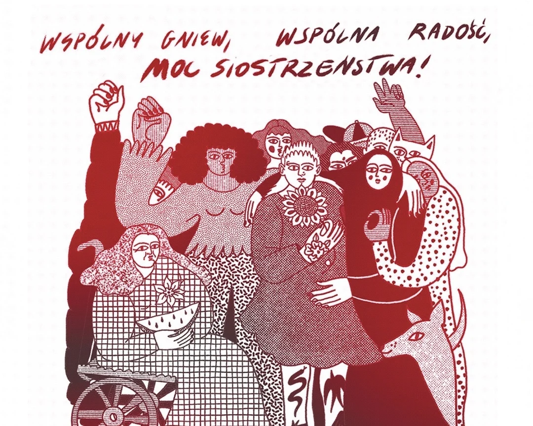 Ilustracja pokazuje grupę manifestujących kobiet.