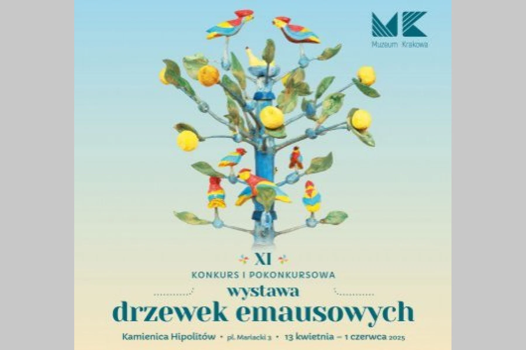 Grafika przedstawia drzewko emausowi z kolorowymi ptakami.