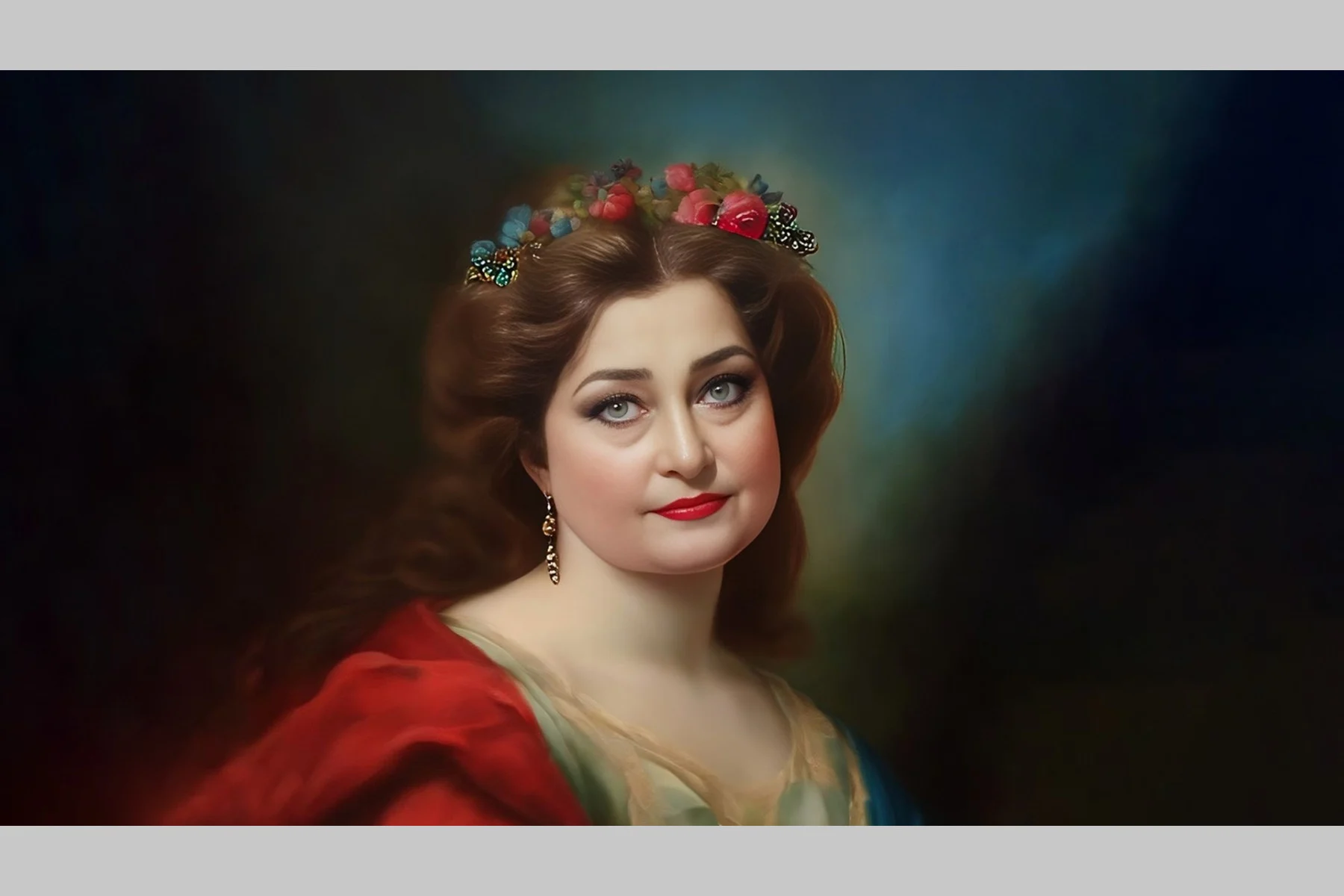 Portret kobiety w stylu obrazu Rubensa, kobieta ma długie brązowe włosy, na słowie wianek z kwiatów,