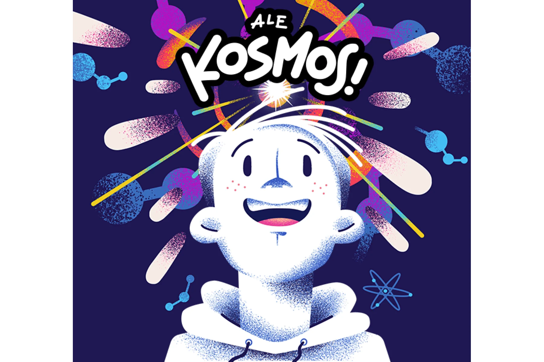 Uśmiechnięta postać w hoodie patrzy w górę, wokół niej kolorowe symbole nauki i kosmosu.