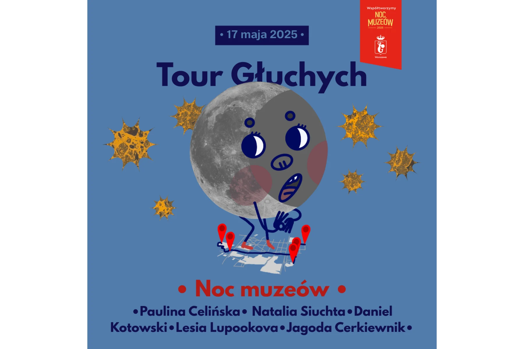 Plakat na Noc Mózeów- Tour Głuchych. Na niebieskim tle stoi okrąglusi księżyc z różowymi policzkami