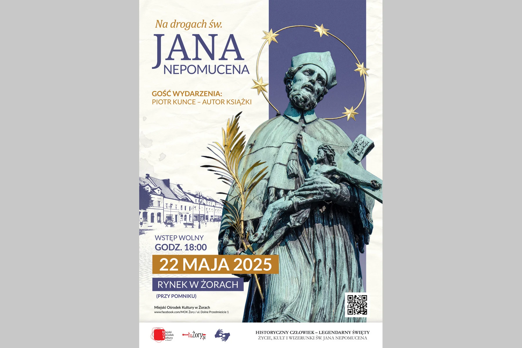 Na obrazku znajduje się plakat z informacjami o wydarzeniu i dużą sylwetką Jana Nepomucena