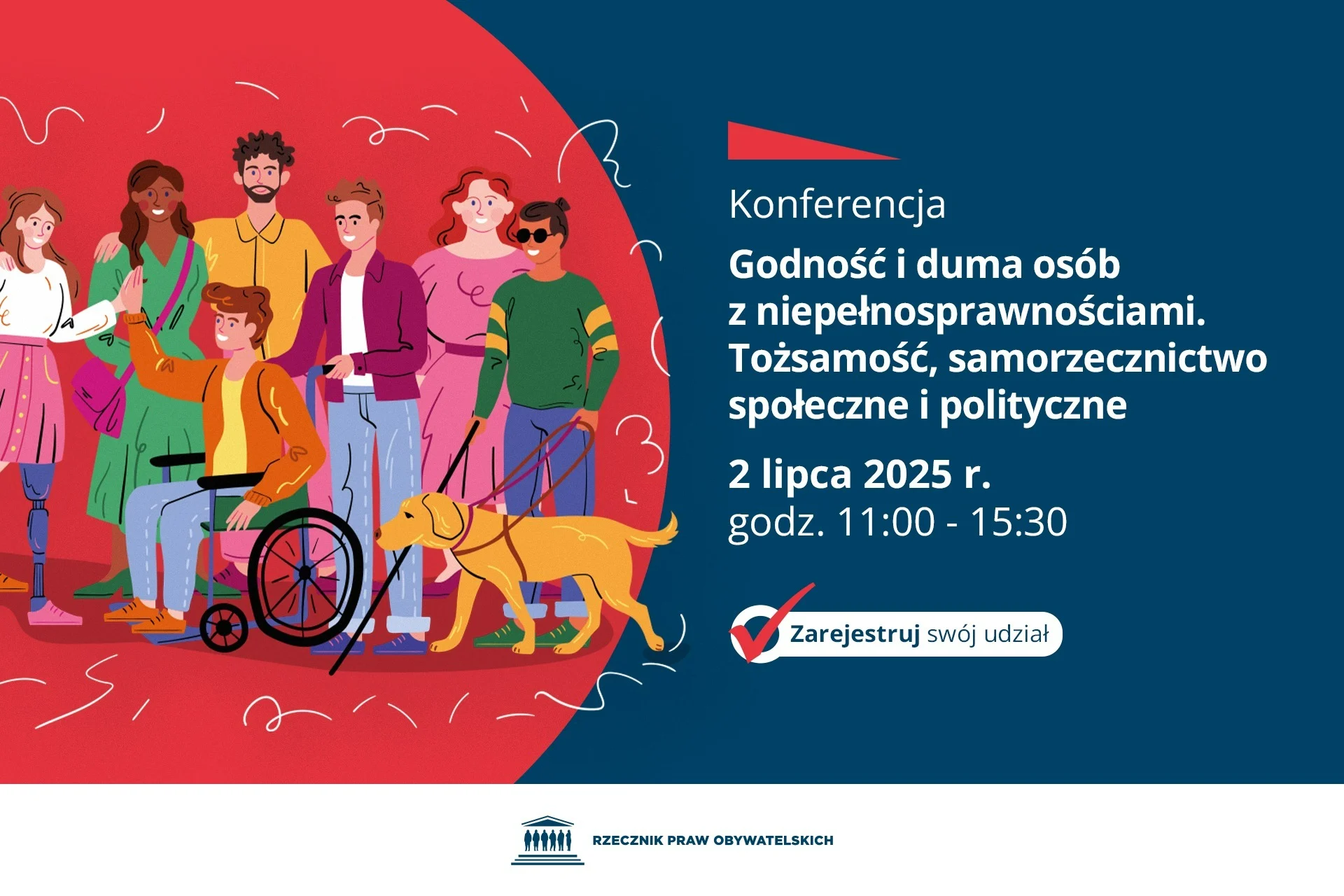 Grafika z grupą osób z niepełnosprawnościami. Zaproszenie na konferencję 2 lipca 2025.