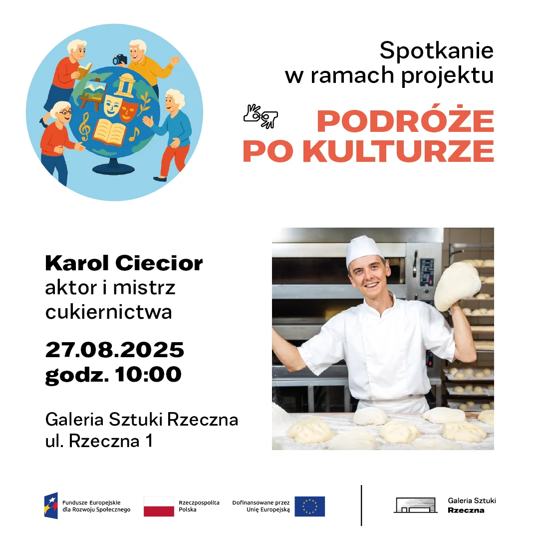 Grafika informująca o nadchodzącym spotkaniu z Karolem Cieciorem aktorem i mistrzem cukiernictwa