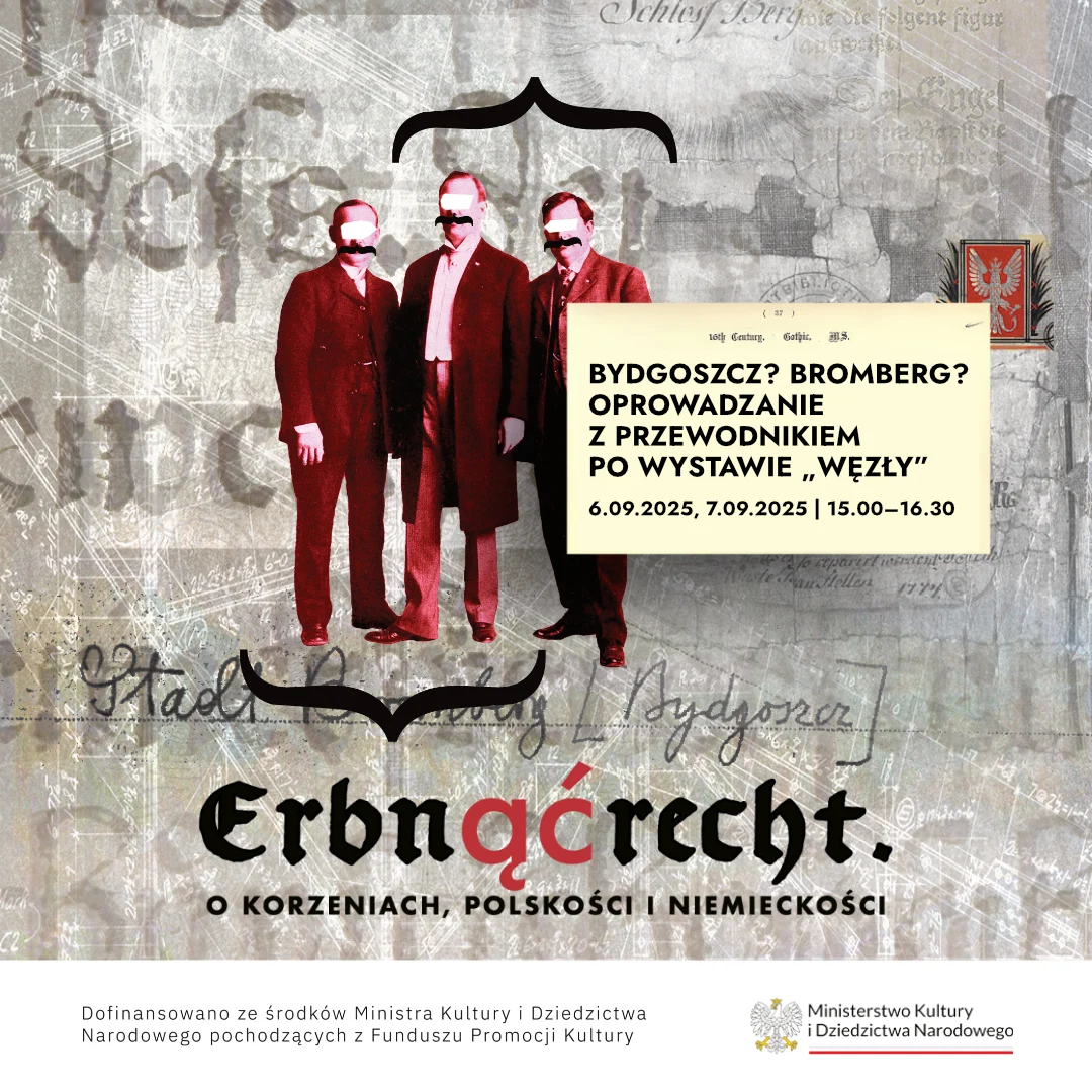 Grafika w kolorze szarym z napisami w stylu gotyckim. Na grafice widoczne trzy postacie mężczyzn.