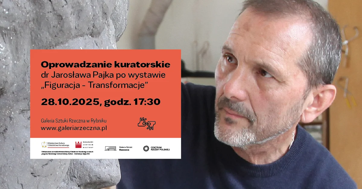 Grafika informująca o oprowadzaniu kuratorskim po wystawie "Figuracja - transformacje", które odbędzie się 28 października o godzinie 17:30