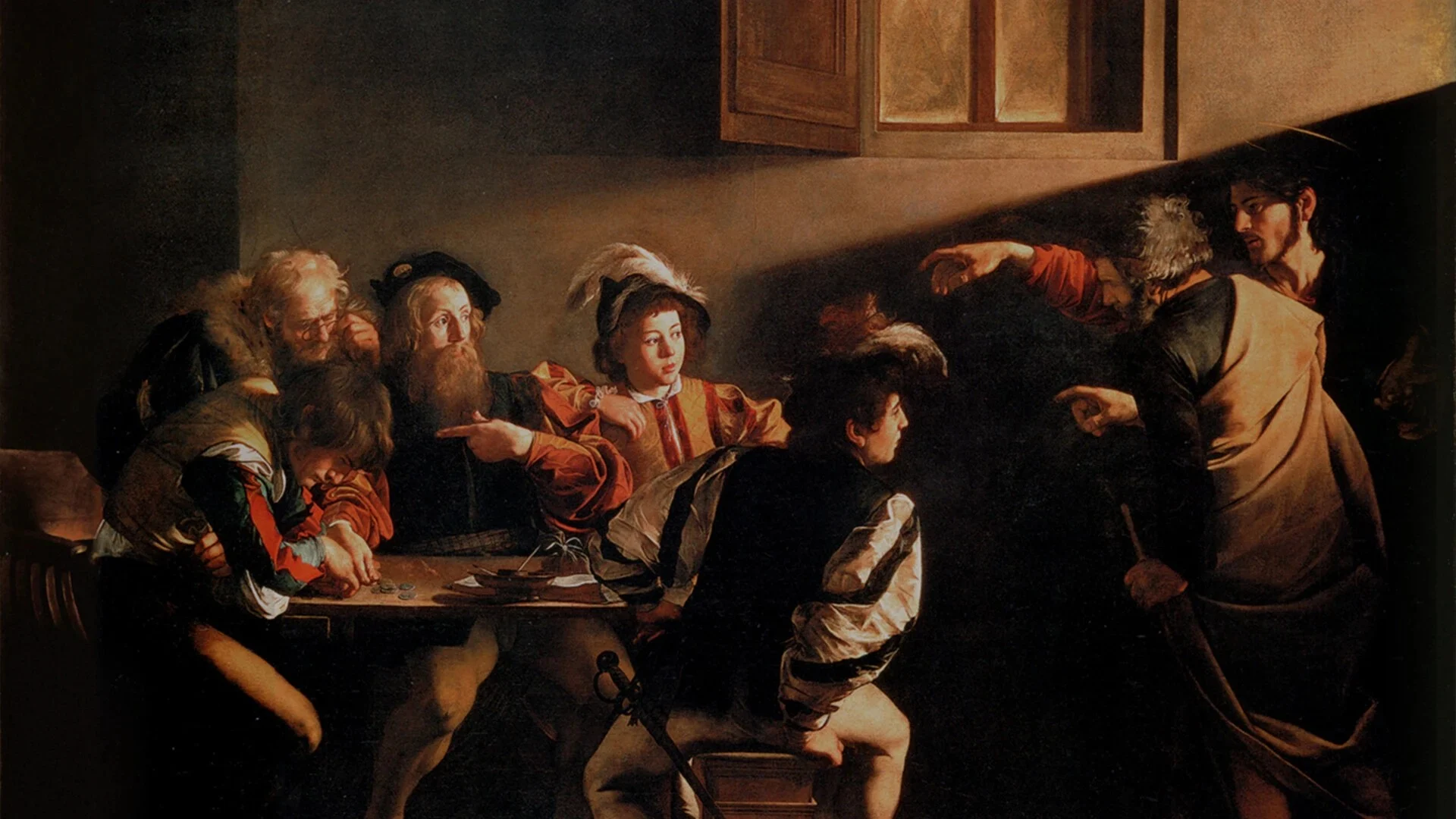Obraz "Powołanie św. Mateusza" autorstwa Caravaggia.