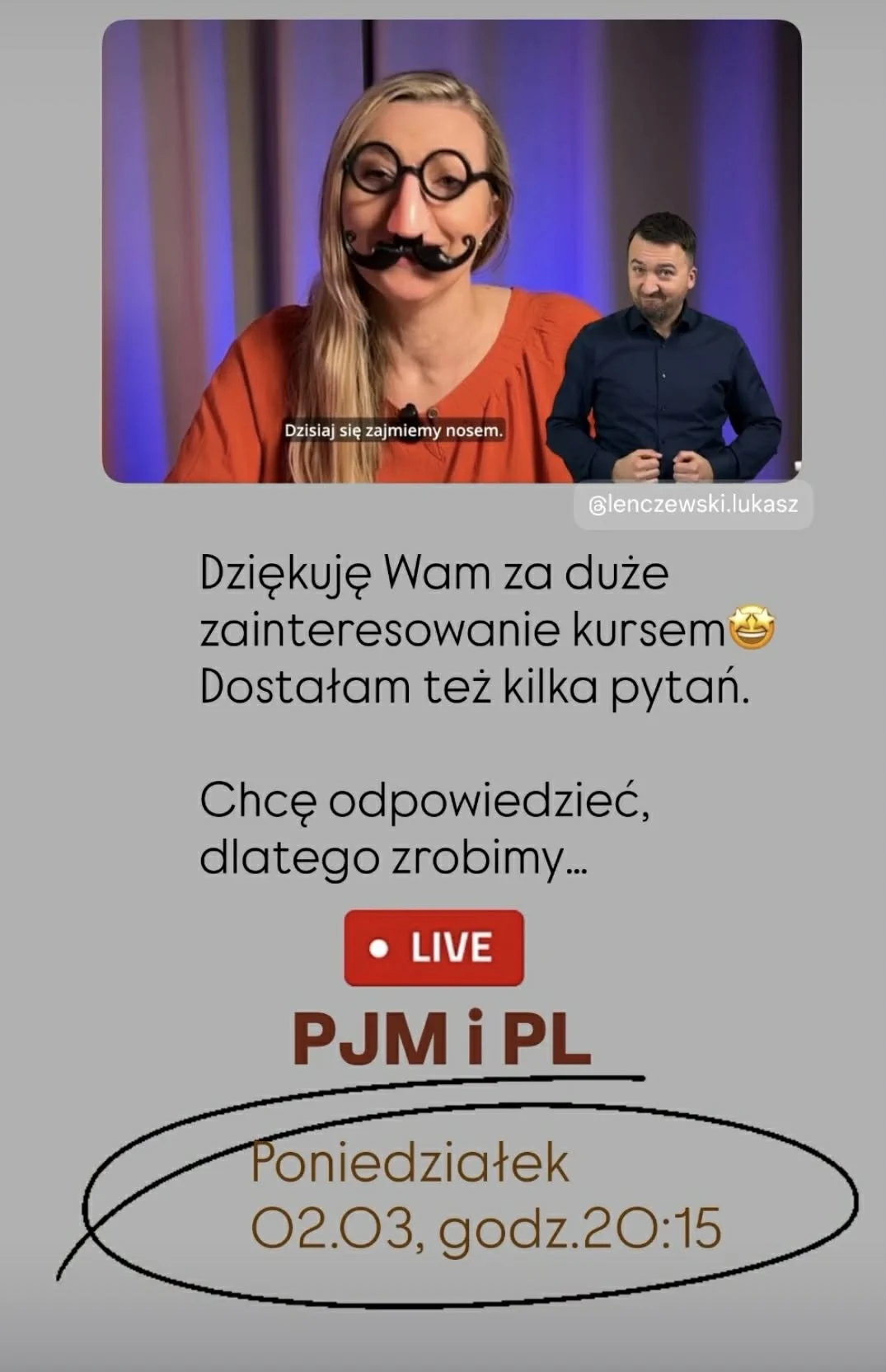 Grafika przedstawia autorkę kursu portretu Elizę, a w rogu jest tłumacz języka migowego. Plakat zaprasza na webinar o kursie portretu.